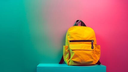 Wall Mural - Yellow school bag with a soft gradient background of pink and green hues.