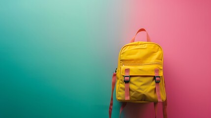 Wall Mural - Yellow school bag with a soft gradient background of pink and green hues.
