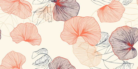 Wall Mural - seamless line art pattern with poppies, orange, white tones