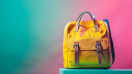 Wall Mural - Yellow school bag with an abstract gradient background of green and pink.