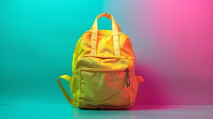 Wall Mural - Yellow school bag with an abstract gradient background of green and pink.