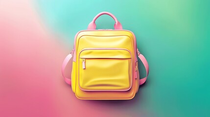 Wall Mural - Yellow school bag with an abstract gradient background of green and pink.