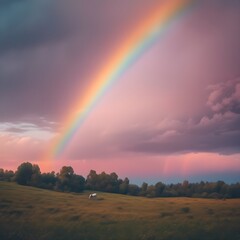 Wall Mural - AI generated illustration of a rainbow over grassy field under sky