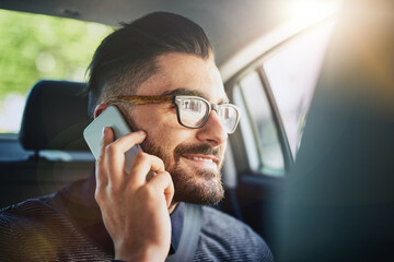 Aufkleber - Phone call, man and thinking in car for business trip, communication and private driver in city. Talking, smartphone and male designer in taxi for back seat, travel and commute by window for work