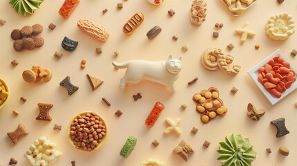 Wall Mural - Various pet food and accessories in unique shapes on a light isolated background