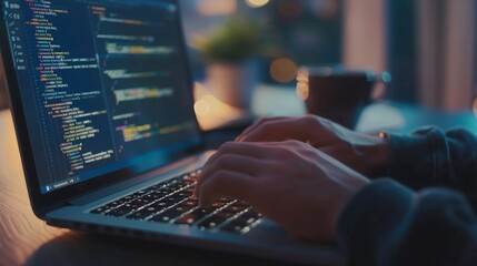 Programming at Night - Close-up of Hands Typing Code on Laptop Keyboard in Dimly Lit Workspace, Software Development, Technology