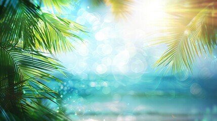 Wall Mural - Blur beautiful nature green palm leaves on tropical beach with sun bokeh light waves abstract background, Generative ai