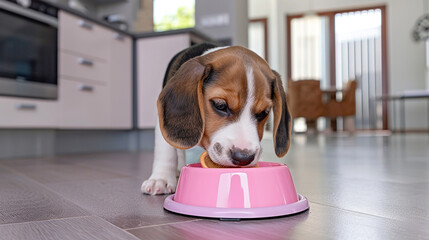 Wall Mural - A cute Beagle puppy eating from a pink bowl in a modern kitchen