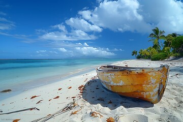 Wall Mural - Escape to Paradise A Boat on Sandy Beach in Aitutaki Island, Cook Islands. Perfect for Tropical Vacation, Nature Lovers and Beach Goers