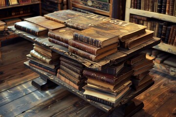Poster - Stack of antique leatherbound books in a classic library setting