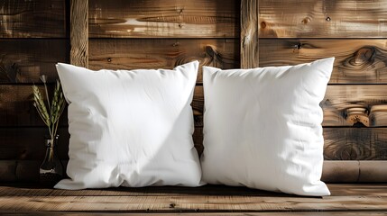 Poster - 2 white square throw pillows mockup on wooden background, one in front of the other, product photography.