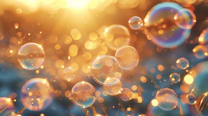 Aufkleber - Iridescent bubbles drifting in the golden light of dawn. Generative AI.