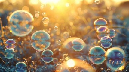 Aufkleber - Iridescent bubbles drifting in the golden light of dawn. Generative AI.