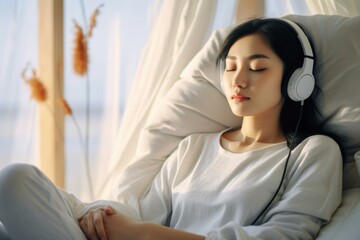 Wall Mural - Relaxed young Asian woman with eyes closed sitting on her bed enjoying music over headphones from smartphone at home