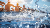 A competitive rowing scene, rowers in perfect sync during a regatta, water splashing. Generative AI.