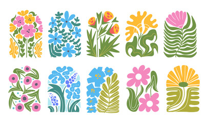 Wall Mural - groovy abstract floral arch. wavy retro flower plant in naive hippie 60s 70s style. floral botanic v