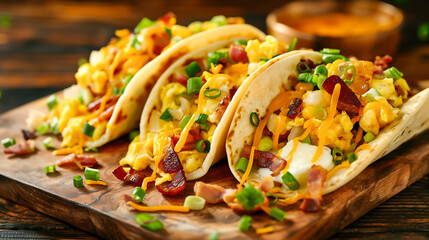 Wall Mural - Breakfast tacos with hashbrowns, scrambled eggs and bacon topped with cheese and green onion