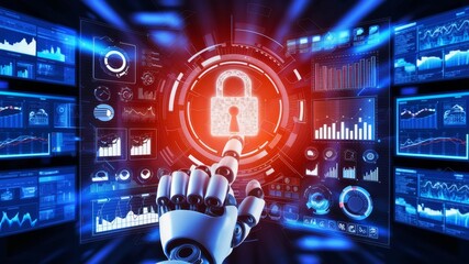 Poster - A futuristic digital interface with a robotic hand pointing towards an illuminated padlock icon