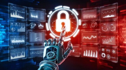 Poster - A futuristic digital interface with a robotic hand pointing towards an illuminated padlock icon