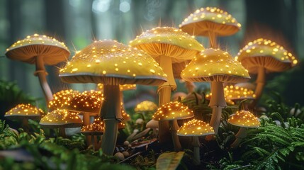 Magic mushrooms glowing. Generative AI.