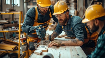 Aufkleber - A group of skilled professionals working together on a project in the trade industry, showcasing craftsmanship and dedication. Generative AI.