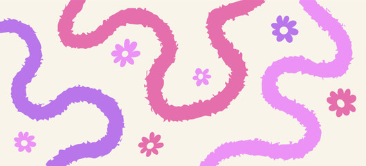 Wall Mural - abstract pink minimalistic background with wavy line and flowers. backdrop with organic curvy curly 