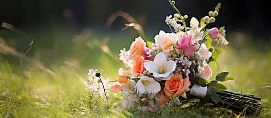 Poster - Bridal bouquet displayed against a grassy backdrop with copy space image.