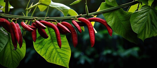 Poster - Long bean plant growing with vibrant colors in a lush garden setting in West Java, with ample copy space image.