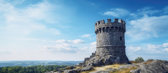 Poster - Ancient stone castle tower in Nyrkiv captured in a photo with empty space for text or graphics.