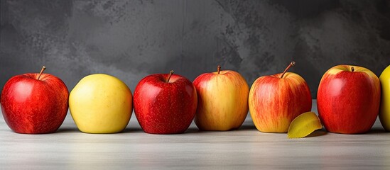 Poster - Red and yellow apples displayed on a table with a grey background, ideal for a copy space image, emphasizing the concept of healthy eating.