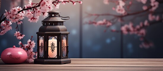 Poster - Japanese-themed decor featuring a pink lantern against a backdrop adorned with Sakura flowers, providing an ideal copy space image.
