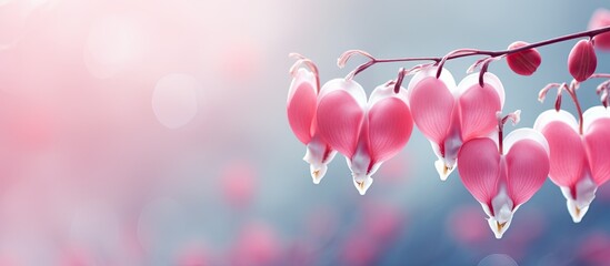 Aufkleber - In spring, pink bleeding heart flowers blossom with a serene backdrop, ideal for a copy space image.