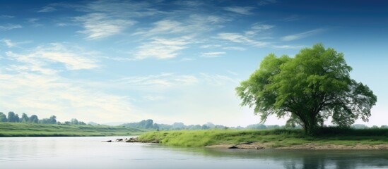 Poster - Scenic view with a river, trees, and copy space image.