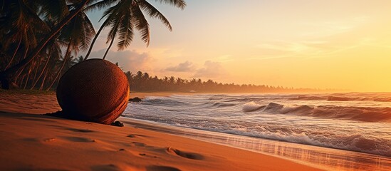 Poster - Sunset over a beach in Sri Lanka with a coconut in the foreground, creating a picturesque copy space image.
