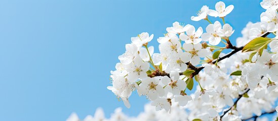 Wall Mural - In spring, a white cherry tree blossom stands out against a blue sky backdrop, creating a picturesque scene with copy space image.