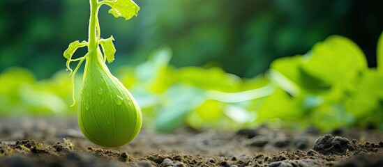 Poster - A young green gourd growing in the vegetable garden with copy space image.