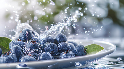 Wall Mural - Organic Blueberries Antioxidants Nutritious sinking into water white background
