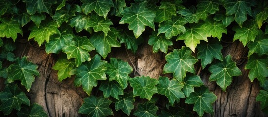 Poster - Ivy leaves on a tree trunk with copy space image.