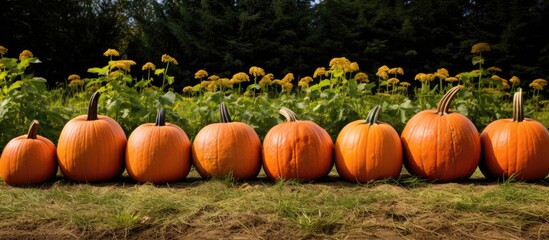 Wall Mural - A collection of big, orange pumpkins rests on the garden ground with a front-view perspective, providing ample copy space image.