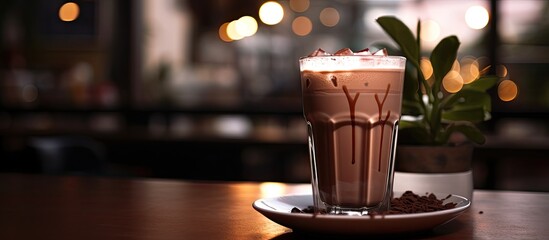 Poster - A cold chocolate drink in a glass sits on a table inside a cozy cafe restaurant, leaving plenty of space for adding text or images.