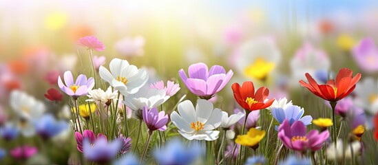 Poster - Spring arrangement of colorful wildflowers against a blurred natural background with copy space image.