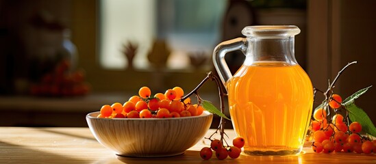 Aufkleber - Home-made glass carafe with sea-buckthorn compote in the kitchen, with a shallow depth of field focusing on the copy space image.