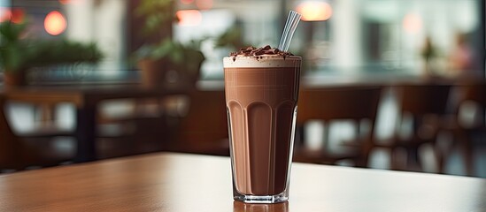 Poster - A cold chocolate drink in a glass sits on a table inside a cozy cafe restaurant, leaving plenty of space for adding text or images.