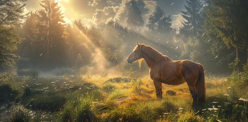 Brown Horse standing in the forest with a beam of light falling to the ground above the forest. Generative AI.
