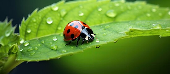 Aufkleber - Ladybug on green leaf in detailed macro view with copy space image.