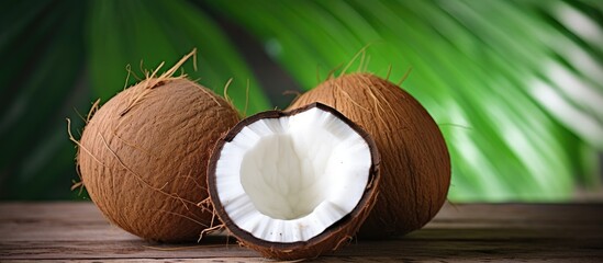 Poster - Two appealing tropical coconuts with green leaves and white flakes on a wooden table, providing a summery copy space image for vegetarian recipes.