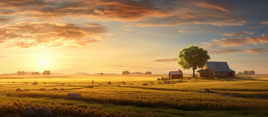 Aufkleber - The farm was illuminated by bright sunlight in the open fields, providing a serene backdrop for the copy space image.
