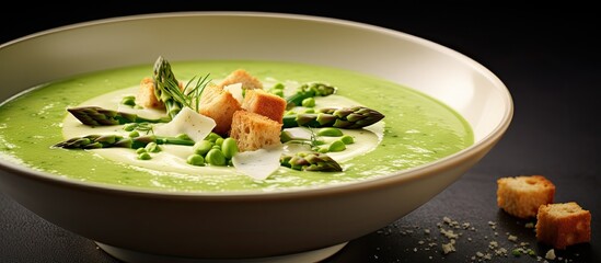 Poster - Delicious homemade green asparagus cream soup with sour cream, fresh asparagus garnish, and croutons in a stylish copy space image.