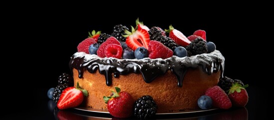 Poster - Cake topped with fresh berries, against a black backdrop, with room for text or graphics in the image.