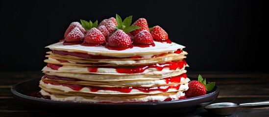 Poster - A delightful white crepe cake filled with vibrant red strawberry jam, perfect as a dessert or celebration treat.